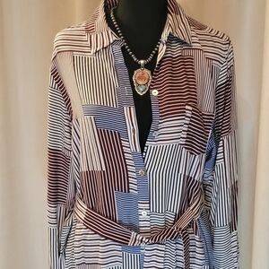 Foxcroft Abstract Striped Button Dress- Brown and Blue Size 14